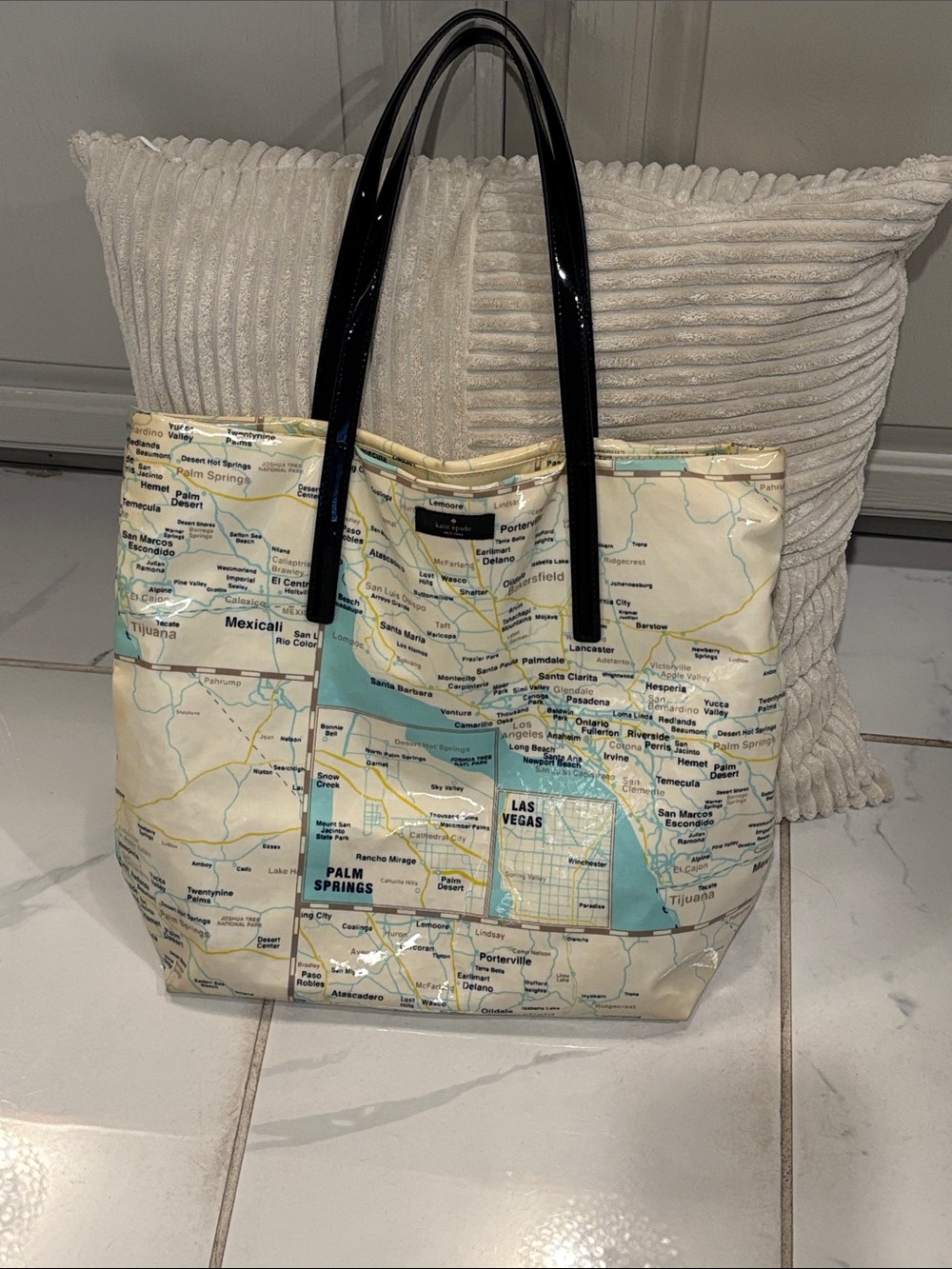 kate spade Map-Print Patent Handle Tote in Cream and Light Blue